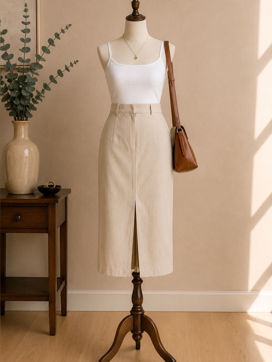 RW&CO Dresses & Skirts - RW&CO Beige Linen Blend Midi Pencil Skirt Front Slit Lined Women's Size 6
